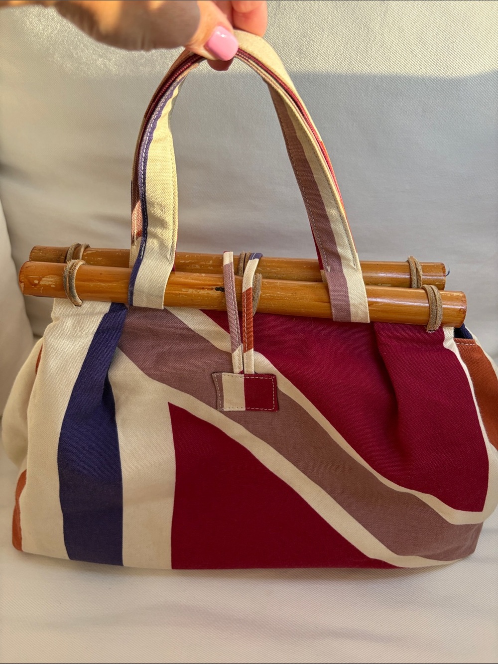 Canvas Bamboo-Handle Tote Bag in Magenta and Multi-Color - Picture 2 of 6